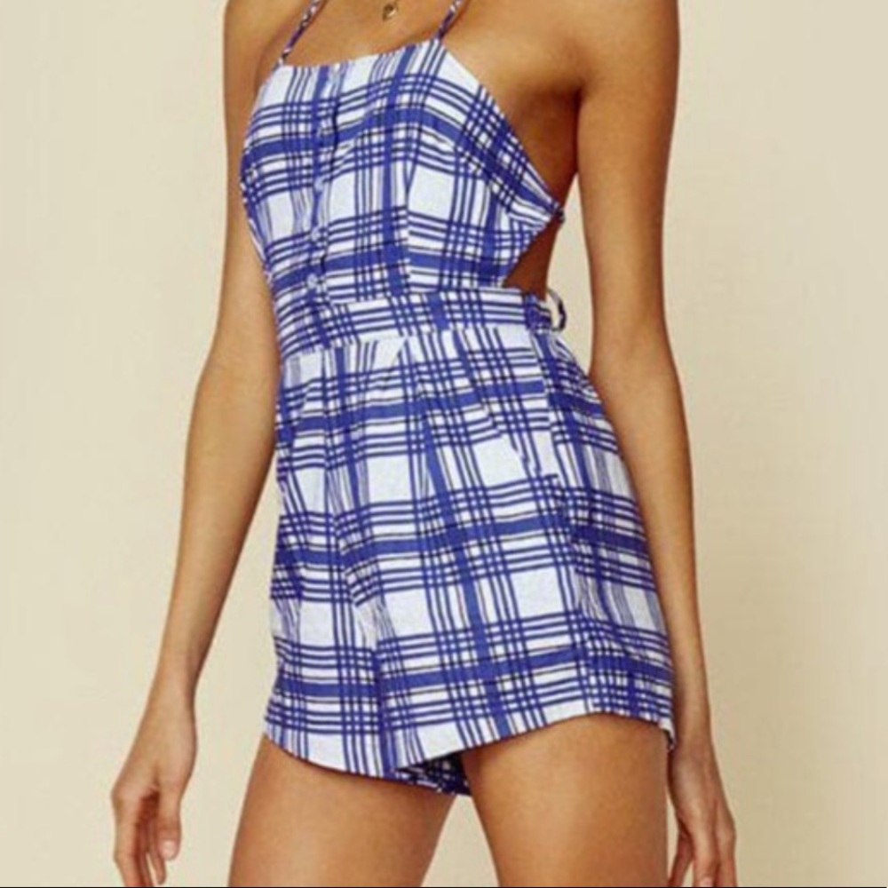 Rue Stiic Kola Blue Plaid Romper Open Back XS Linen